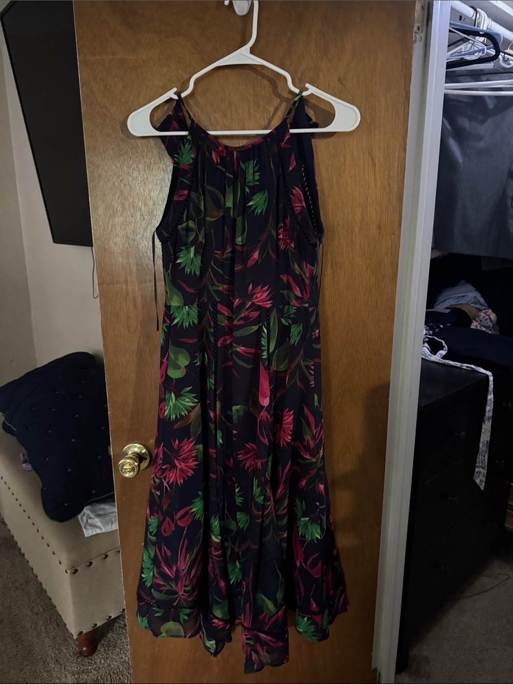 Just...Taylor Black Halter Maxi Dress with Pink & Green Tropical Print